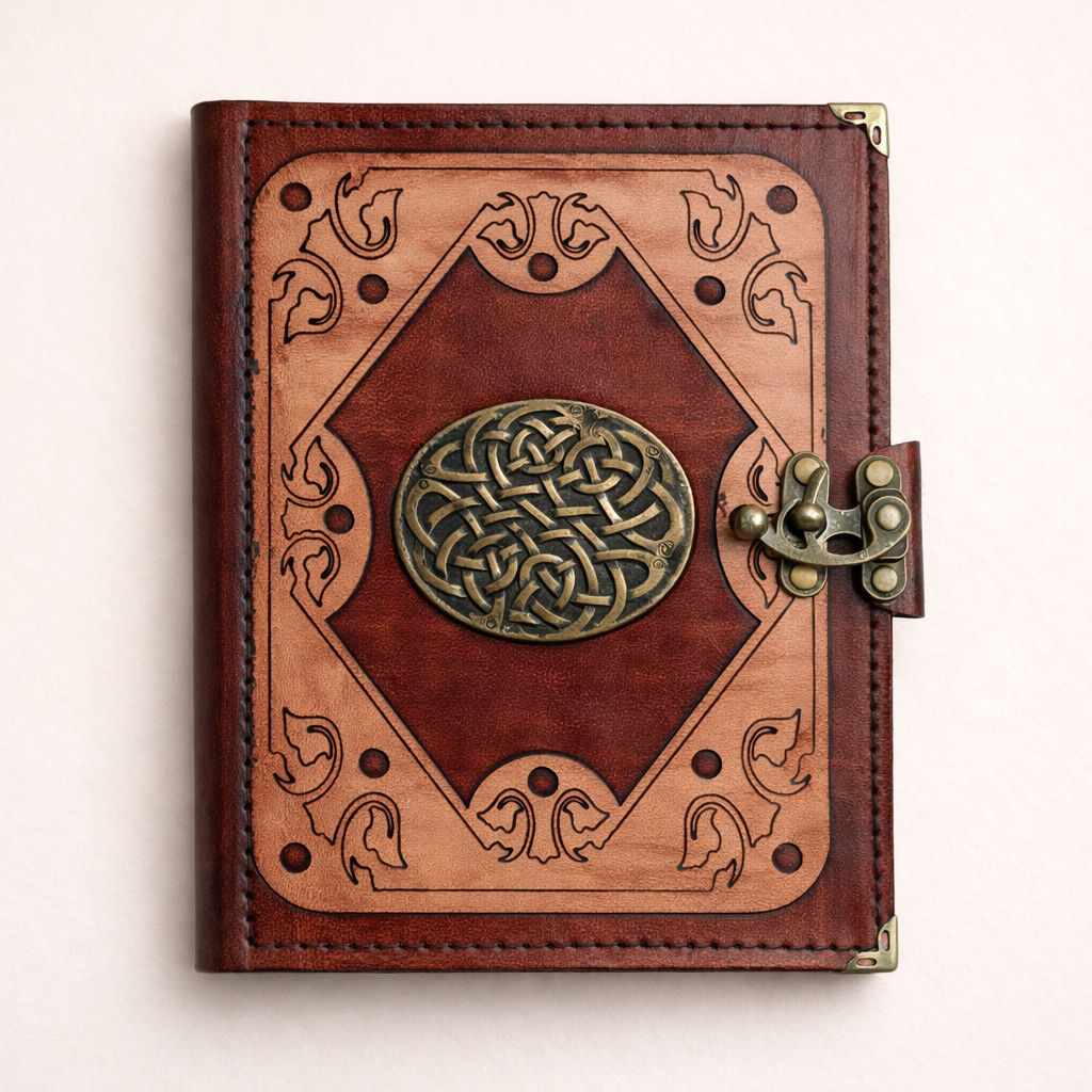 Hakiki Koyun Derisi Şamua Kağıt Defter | Katmanlı Çerçeve | Antik Epoksi Döküm | Kelt Düğüm