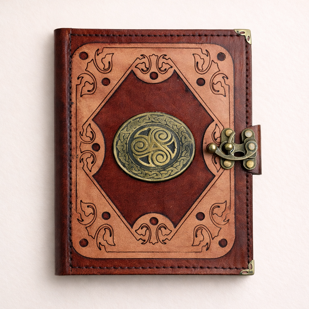 Hakiki Koyun Derisi Şamua Kağıt Defter | Katmanlı Çerçeve | Antik Epoksi Döküm | Kelt Triskelion Kalkan