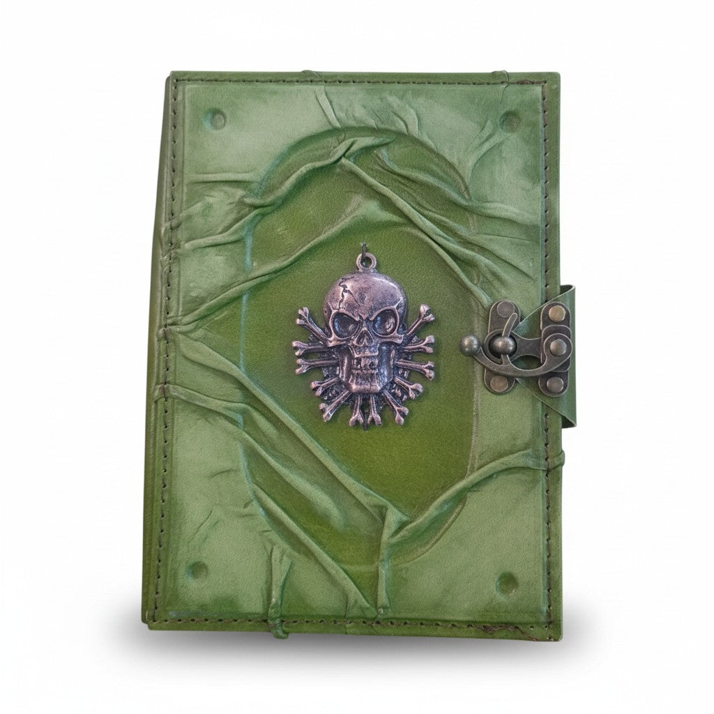 Renkli Hakiki Koyun Derisi Şamua Kağıt Defter | Kabartmalı Çerçeve Kıvrıklı | Antik Metal Döküm | Kemikli Kurukafa