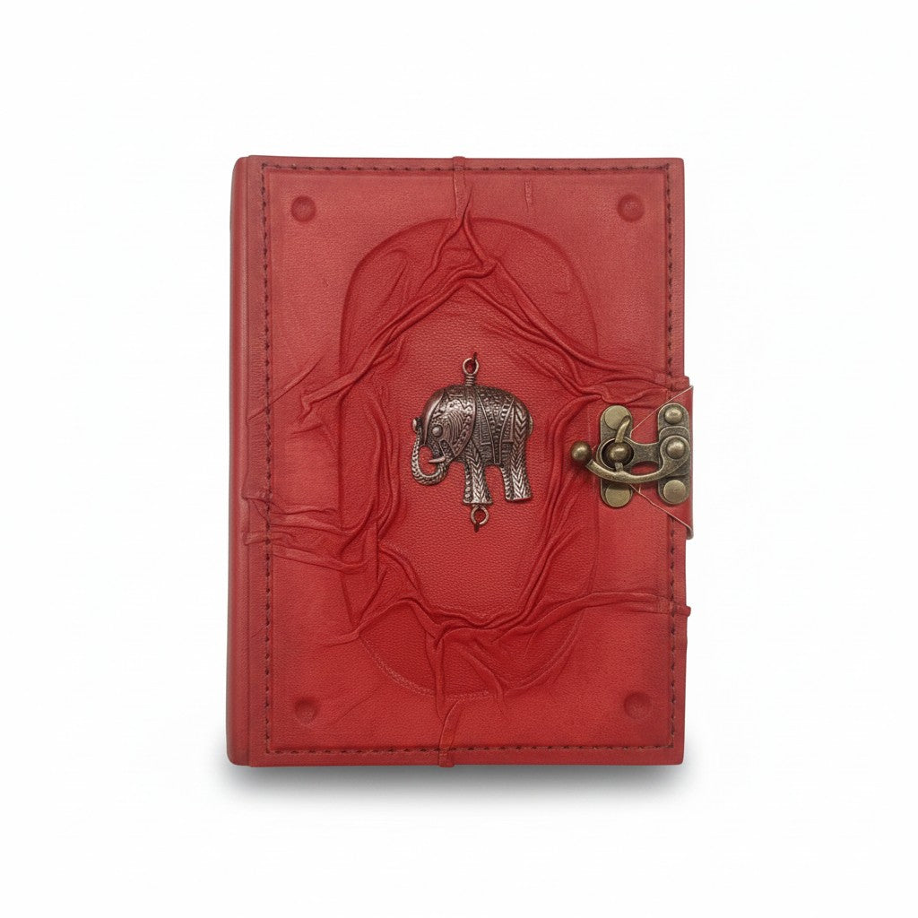 Renkli Hakiki Koyun Derisi Şamua Kağıt Defter | Kabartmalı Çerçeve Kıvrıklı | Antik Metal Döküm | Fil