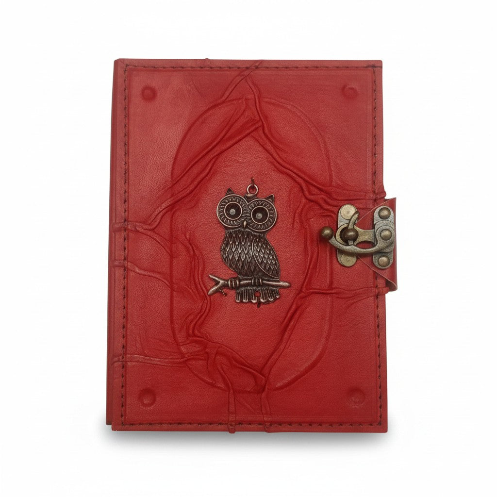 Renkli Hakiki Koyun Derisi Şamua Kağıt Defter | Kabartmalı Çerçeve Kıvrıklı | Antik Metal Döküm | Dalda Baykuş