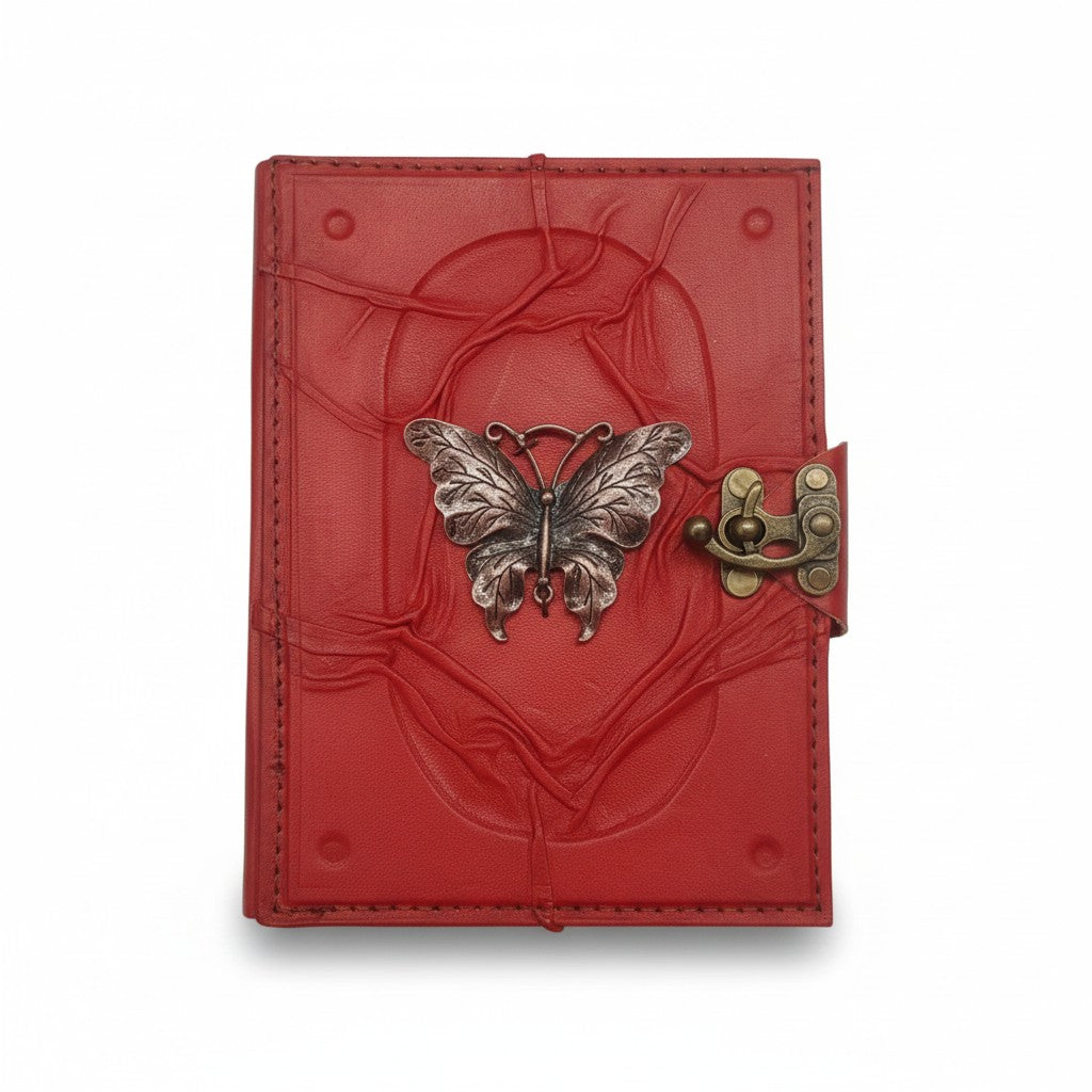 Renkli Hakiki Koyun Derisi Şamua Kağıt Defter | Kabartmalı Çerçeve Kıvrıklı | Antik Metal Döküm | Kelebek