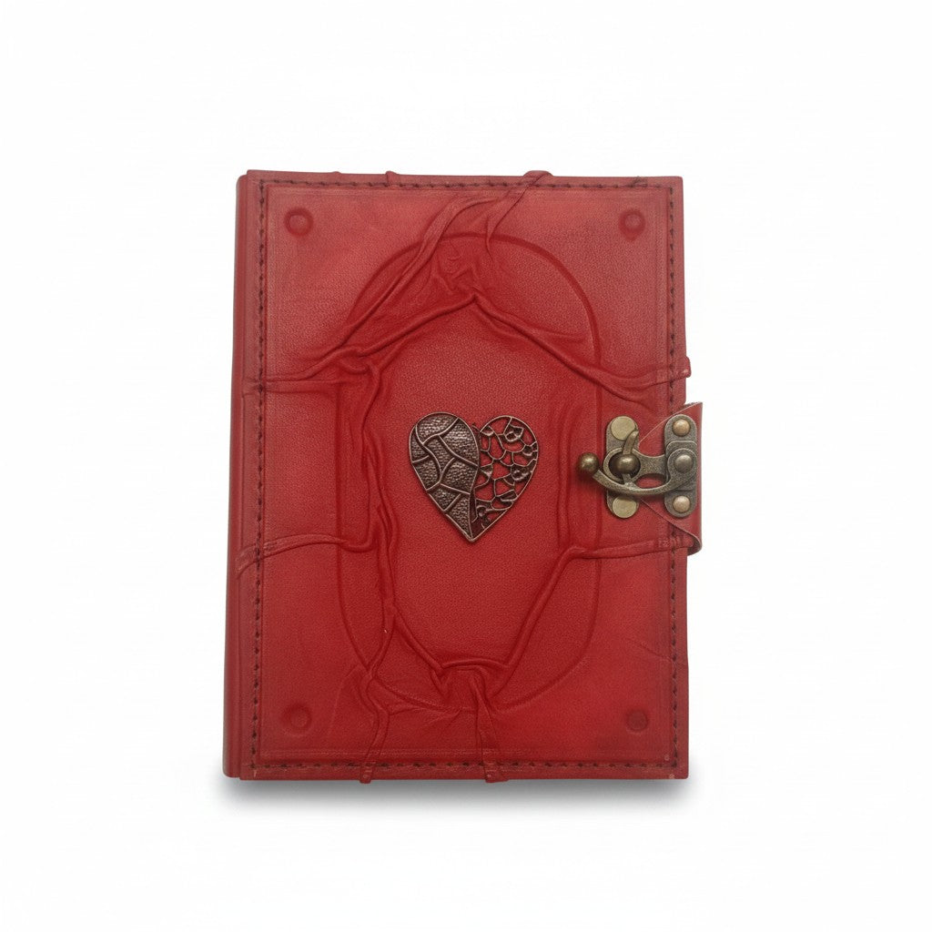 Renkli Hakiki Koyun Derisi Şamua Kağıt Defter | Kabartmalı Çerçeve Kıvrıklı | Antik Metal Döküm | Antik İşlemeli Kalp