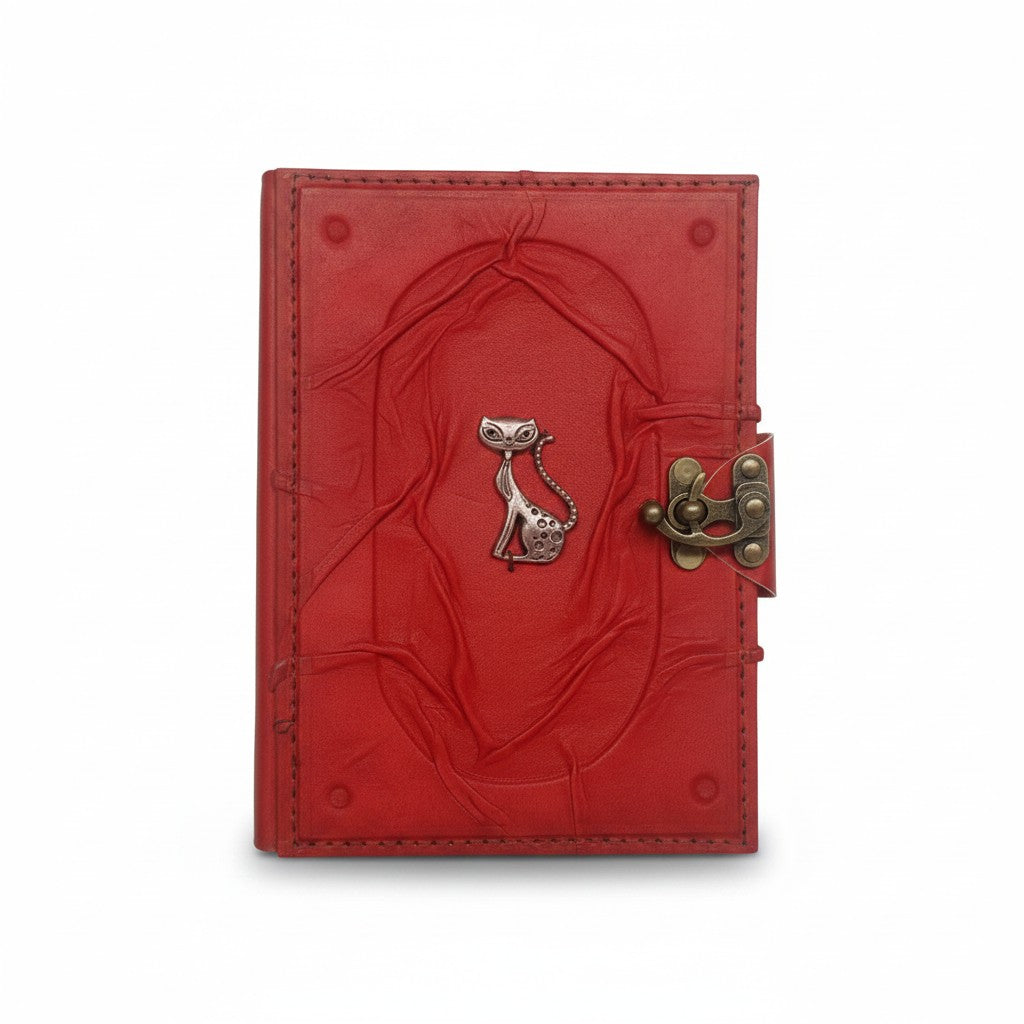 Renkli Hakiki Koyun Derisi Şamua Kağıt Defter | Kabartmalı Çerçeve Kıvrıklı | Antik Metal Döküm | Retro Kedi