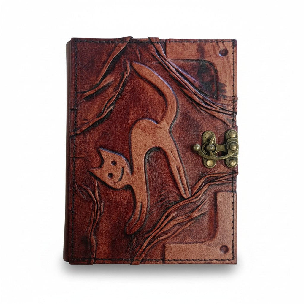 Hakiki Koyun Derisi Şamua Kağıt Defter | Kabartmalı Kıvrıklı | Deri Rölyef | Kabartma Kedi