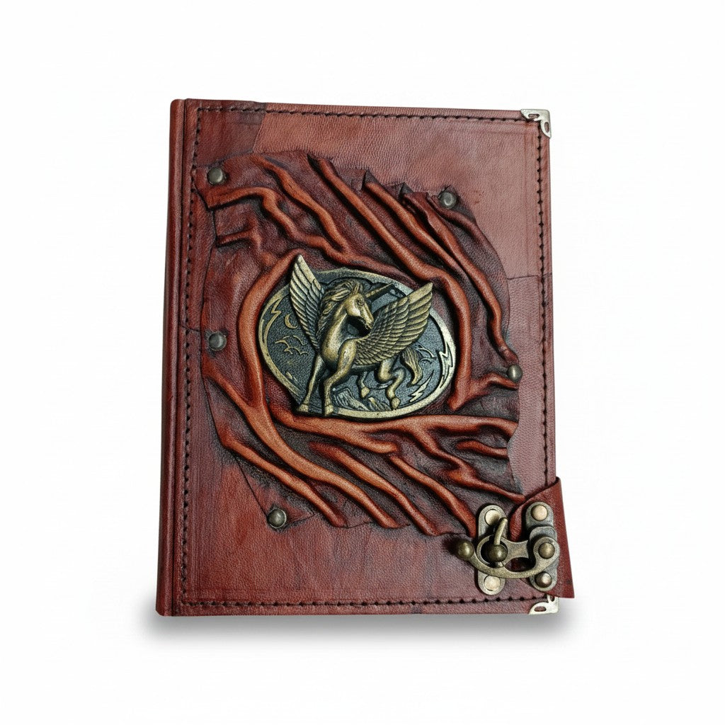 Genuine Sheepskin Leather Journal, Blank Chamois Paper | Up Wrinkled | Antique Resin Motif | Pegasus Winged Horse