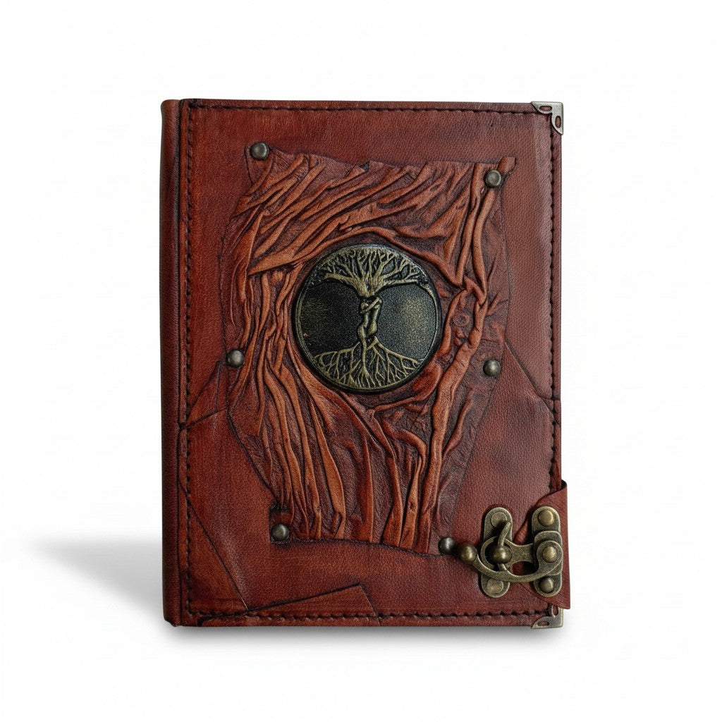 Genuine Sheepskin Leather Journal, Blank Chamois Paper | Up Wrinkled | Antique Resin Motif | Embracing Lovers Tree of Life