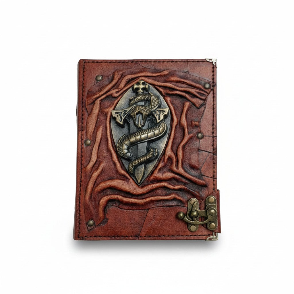 Genuine Sheepskin Leather Journal, Blank Chamois Paper | Up Wrinkled | Antique Resin Motif | Serpent Sword