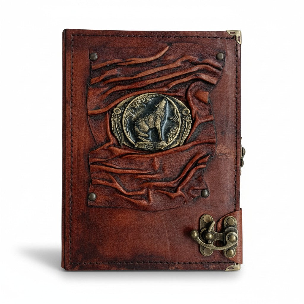 Genuine Sheepskin Leather Journal, Blank Chamois Paper | Up Wrinkled | Antique Resin Motif | Howling Wolf