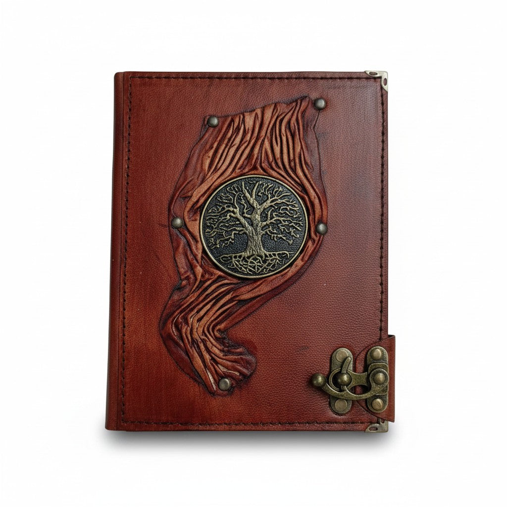 Genuine Sheepskin Leather Journal, Blank Chamois Paper | Up Wrinkled | Antique Resin Motif | Tree of Life