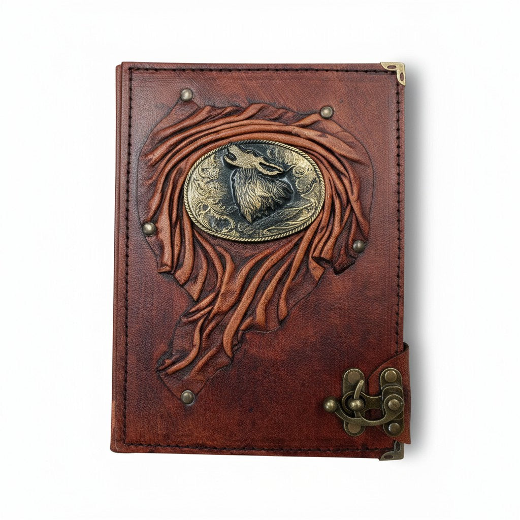 Genuine Sheepskin Leather Journal, Blank Chamois Paper | Up Wrinkled | Antique Resin Motif | Wolf Head