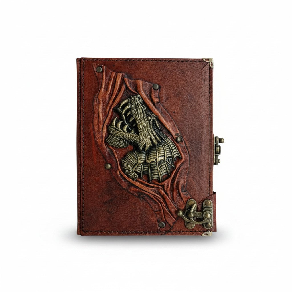 Genuine Sheepskin Leather Journal, Blank Chamois Paper | Up Wrinkled | Antique Resin Motif | Gothic Roaring Dragon Head