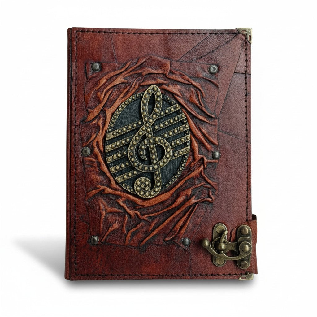 Genuine Sheepskin Leather Journal, Blank Chamois Paper | Up Wrinkled | Antique Resin Motif | Treble Clef