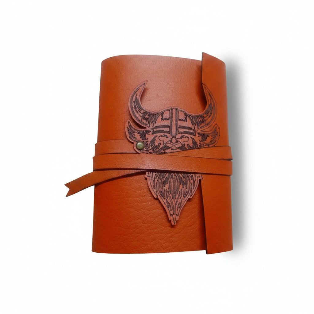 Hakiki Sarı Renkli Koyun Derisi Şamua Kağıt Defter | Lazer Figürlü Katlamalı Deri Kapak | Viking Kafası | Small