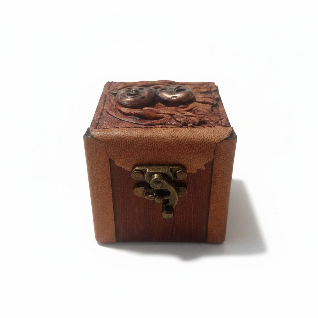 Hakiki Deri Ahşap Mücevher Kutusu | Antik Metal Tiyatro Maskeleri | 8x8cm