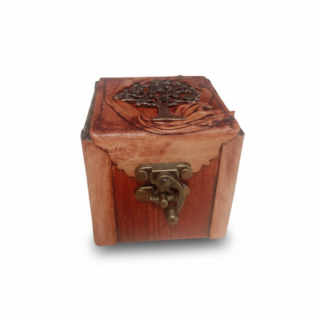 Hakiki Deri Ahşap Mücevher Kutusu | Antik Metal Hayat Ağacı | 8x8cm