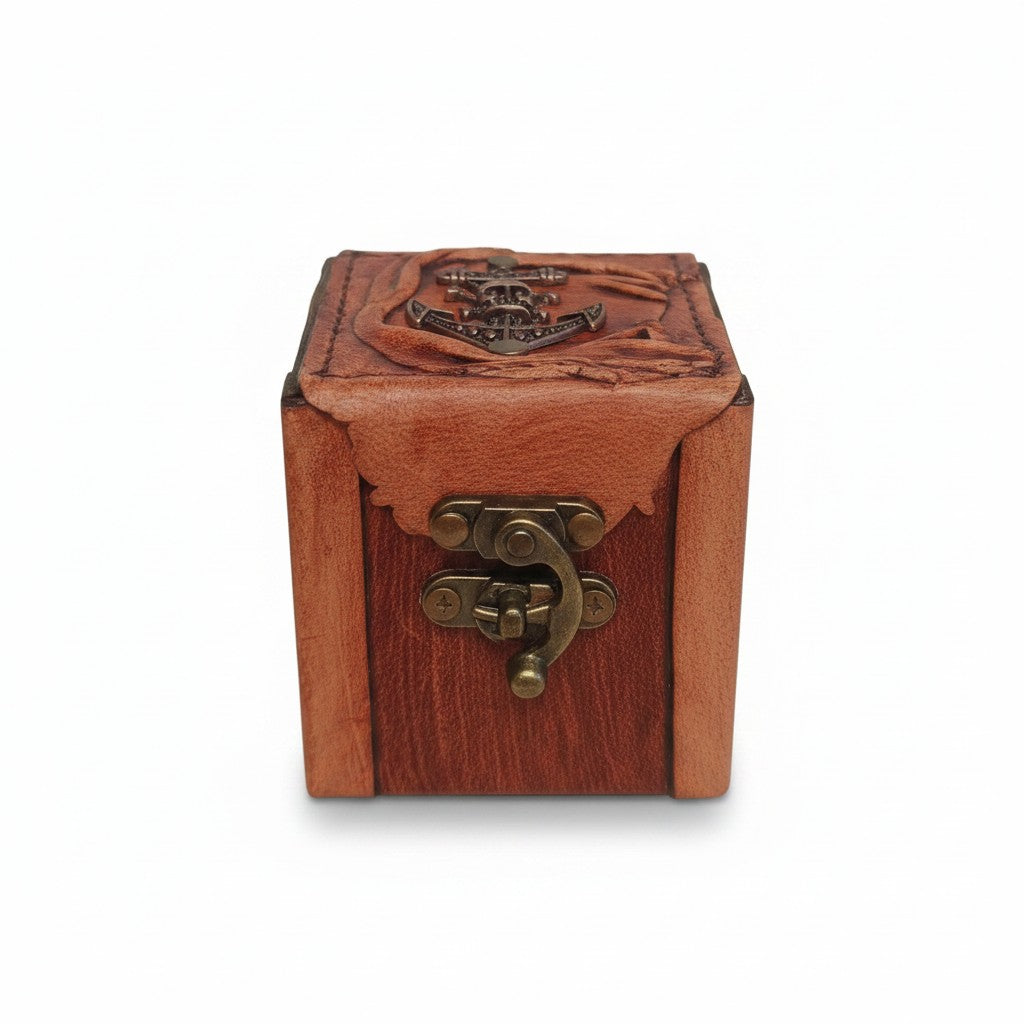 Hakiki Deri Ahşap Mücevher Kutusu | Antik Metal Çıpa | 8x8cm