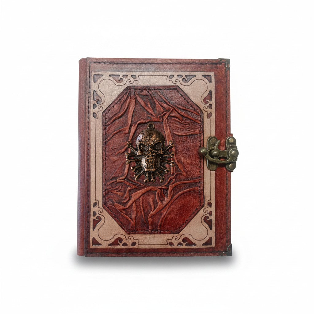 Hakiki Koyun Derisi Şamua Kağıt Defter | Klasik Çerçeve Kıvrıklı | Antik Metal Döküm | Kemikli Kurukafa
