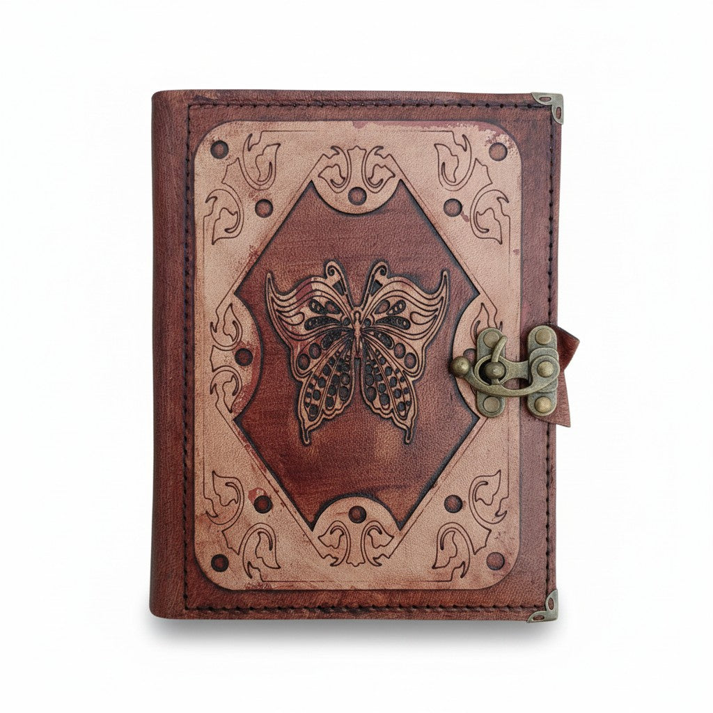 Hakiki Koyun Derisi Şamua Kağıt Defter | Katmanlı Çerçeve | Deri Figürlü | Kelebek