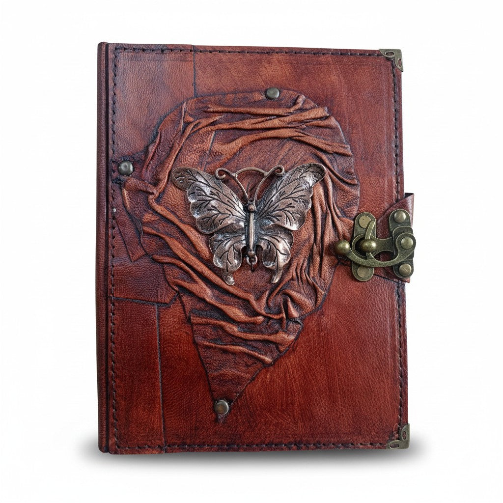 Hakiki Koyun Derisi Şamua Kağıt Defter | Üst Kıvrıklı | Antik Metal Döküm | Kelebek