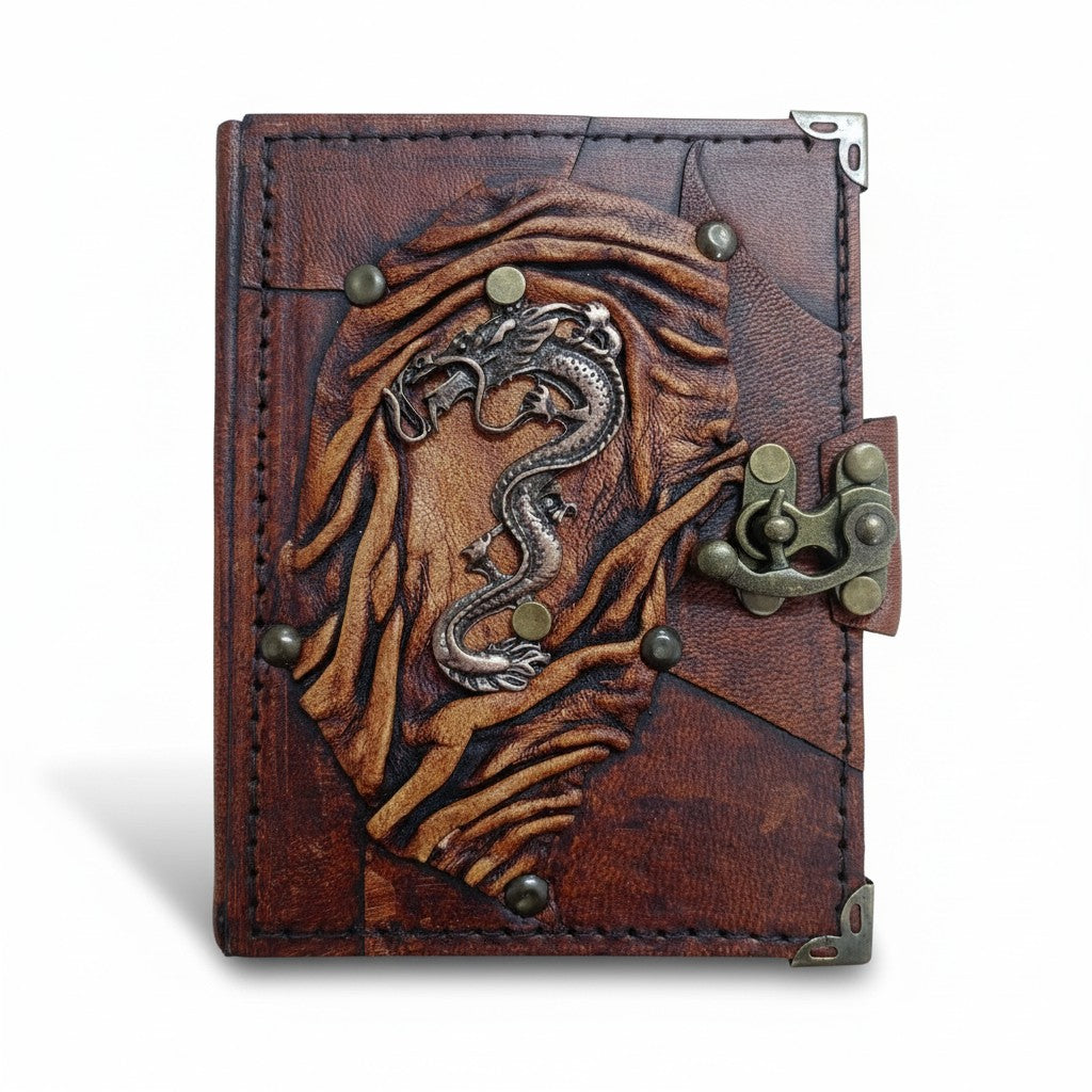 Hakiki Koyun Derisi Şamua Kağıt Defter | Üst Kıvrıklı | Antik Metal Döküm | Uçan Yılan Ejderha