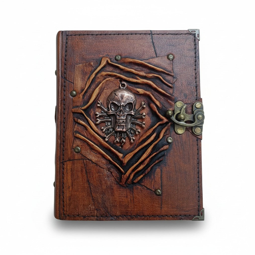 Hakiki Koyun Derisi Şamua Kağıt Defter | Üst Kıvrıklı | Antik Metal Döküm | Kemikli Kurukafa