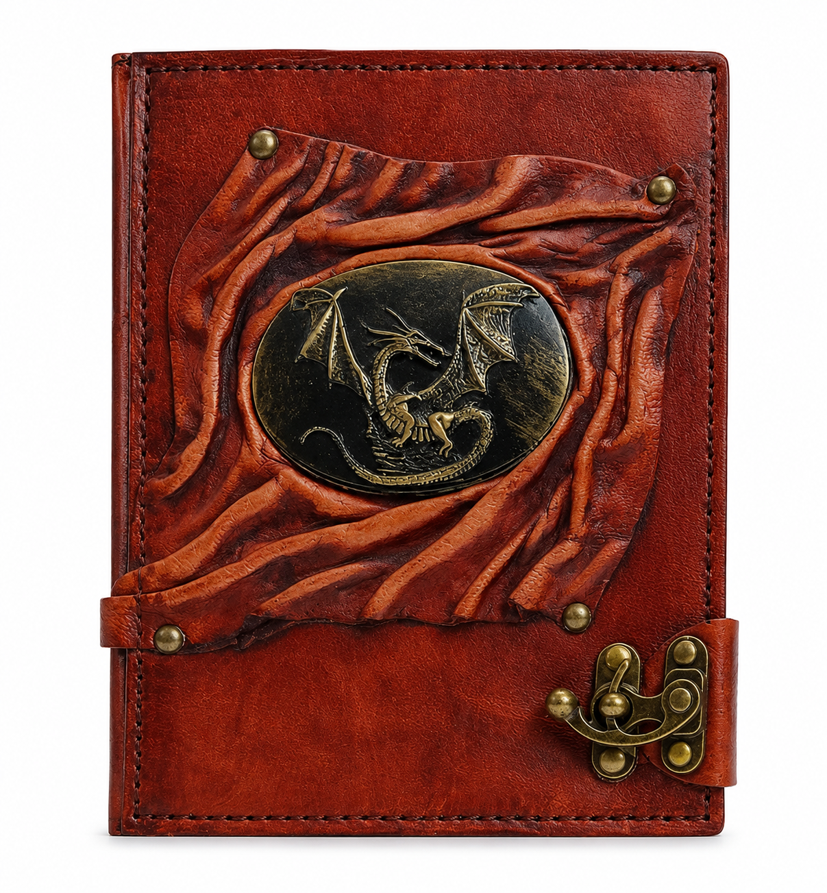 Genuine Sheepskin Leather Journal, Blank Chamois Paper | Up Wrinkled | Antique Resin Motif | Oval Winged Dragon