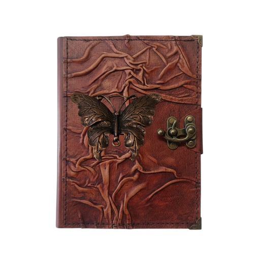 Genuine Sheepskin Leather Journal, Blank Chamois Paper | Full Wrinkled | Antique Metal Motif | Vintage Butterfly