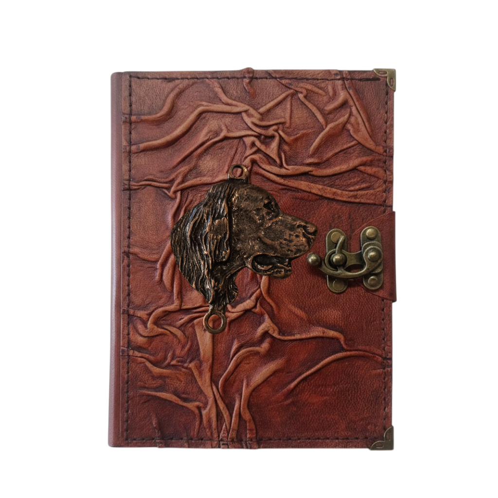 Genuine Sheepskin Leather Journal, Blank Chamois Paper | Full Wrinkled | Antique Metal Motif | Dog Head