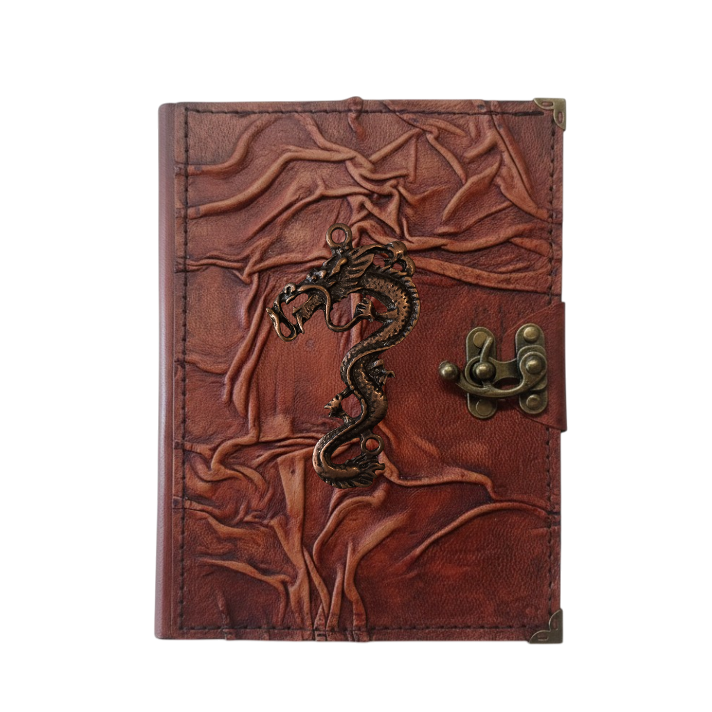 Genuine Sheepskin Leather Journal, Blank Chamois Paper | Full Wrinkled | Antique Metal Motif | Asian Serpent Dragon