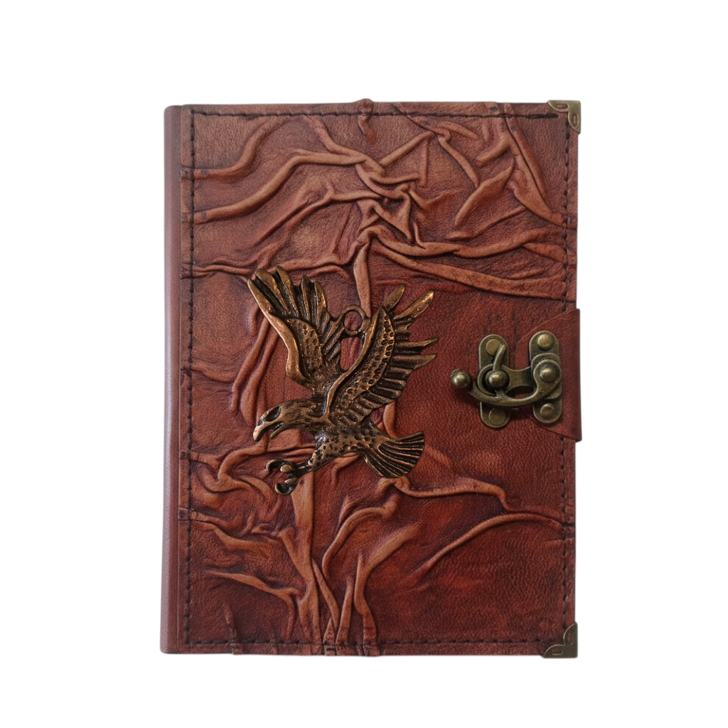 Genuine Sheepskin Leather Journal, Blank Chamois Paper | Full Wrinkled | Antique Metal Motif | Flying Eagle