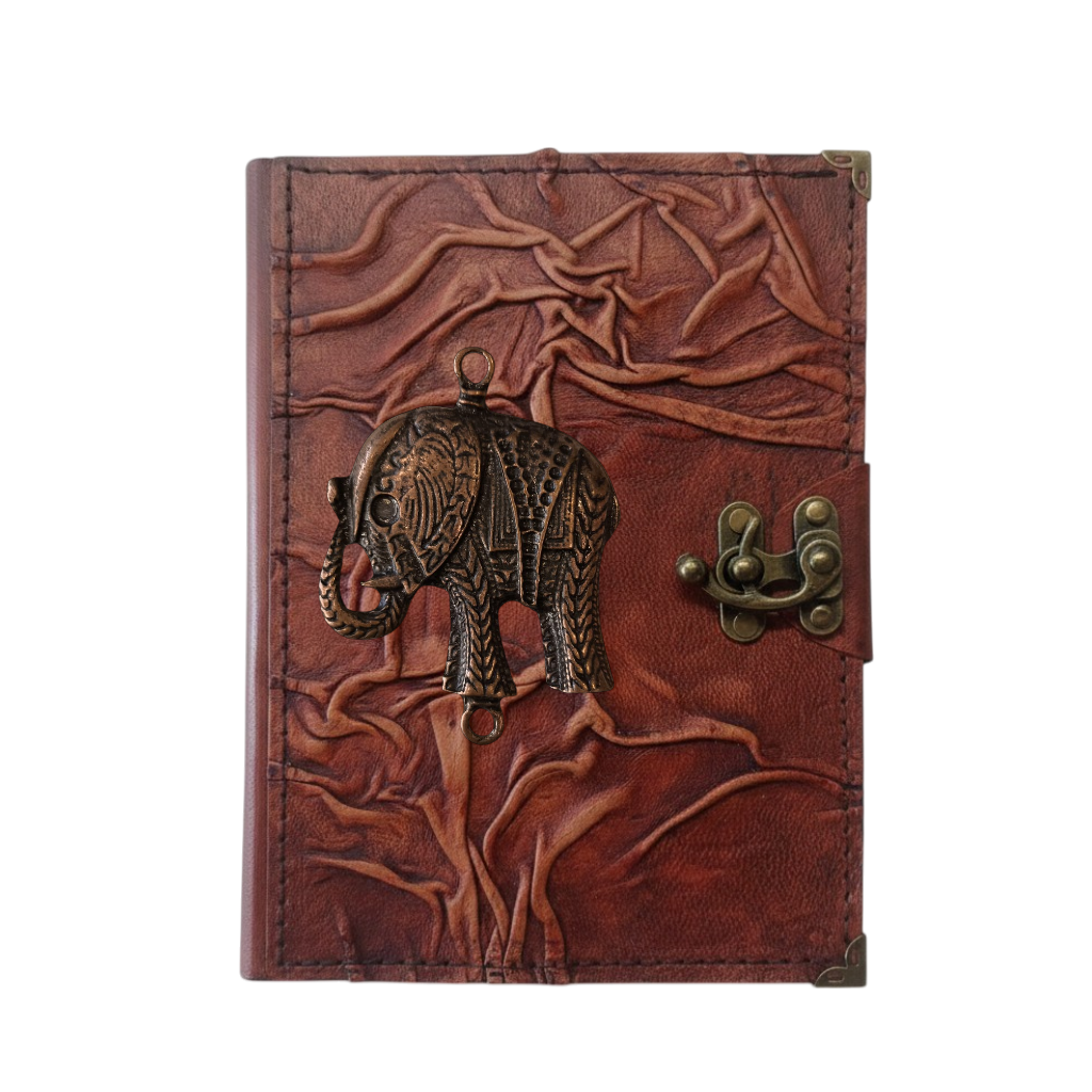 Genuine Sheepskin Leather Journal, Blank Chamois Paper | Full Wrinkled | Antique Metal Motif | Elephant