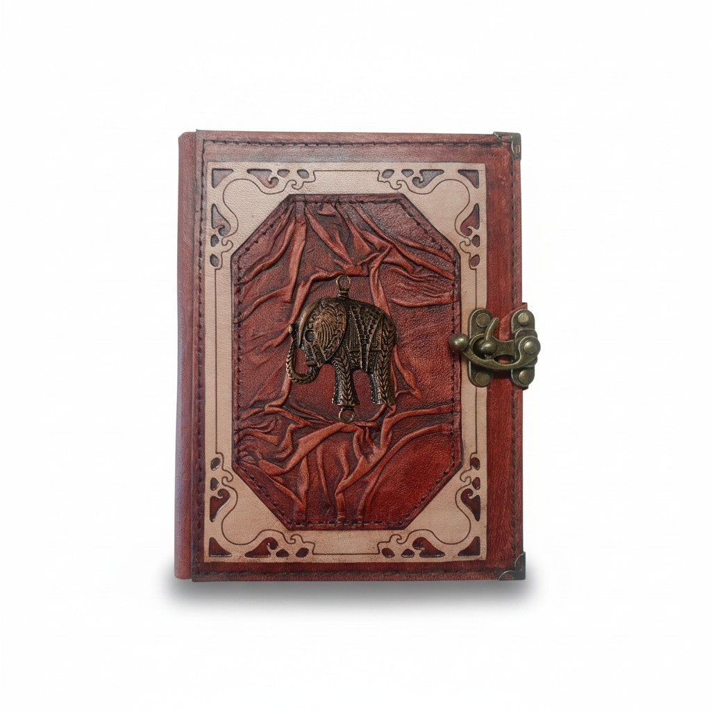 Hakiki Koyun Derisi Şamua Kağıt Defter | Klasik Çerçeve Kıvrıklı | Antik Metal Döküm | Fil