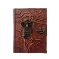 Genuine Sheepskin Leather Journal, Blank Chamois Paper | Full Wrinkled | Antique Metal Motif | Wise Owl