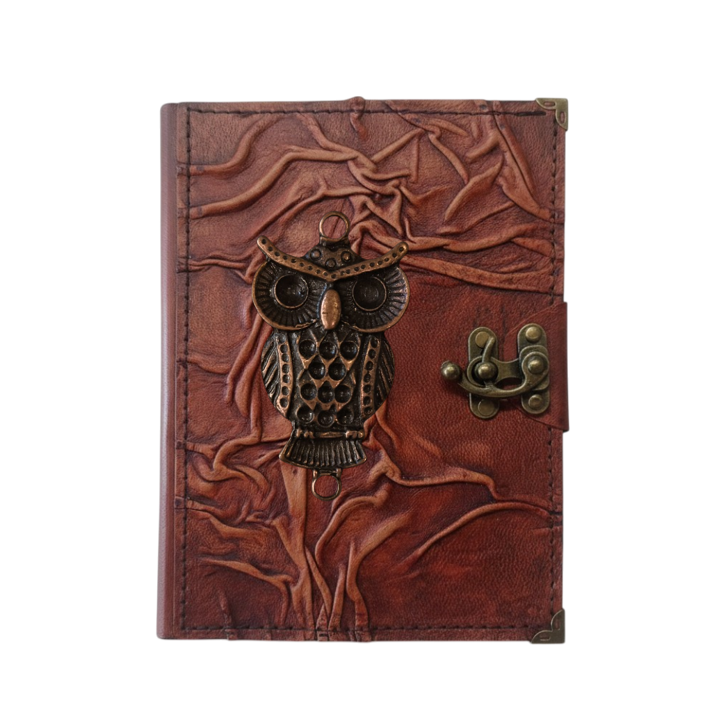 Genuine Sheepskin Leather Journal, Blank Chamois Paper | Full Wrinkled | Antique Metal Motif | Wise Owl