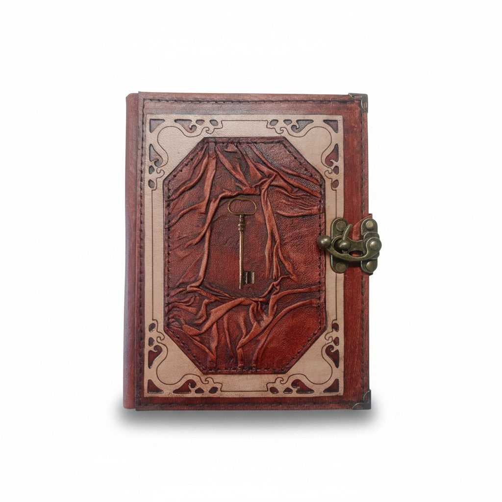 Hakiki Koyun Derisi Şamua Kağıt Defter | Klasik Çerçeve Kıvrıklı | Antik Metal Döküm | Antika Han Anahtarı