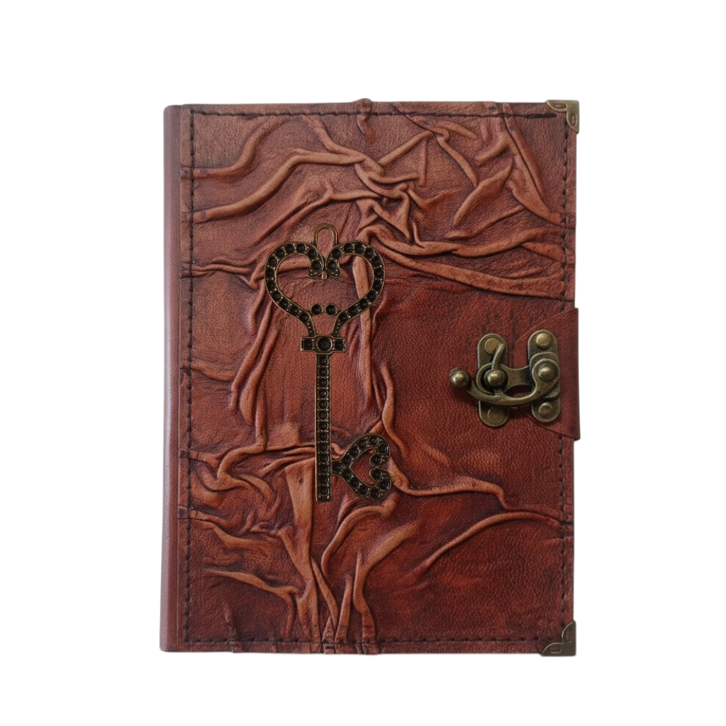 Genuine Sheepskin Leather Journal, Blank Chamois Paper | Full Wrinkled | Antique Metal Motif | Heart Skeleton Key