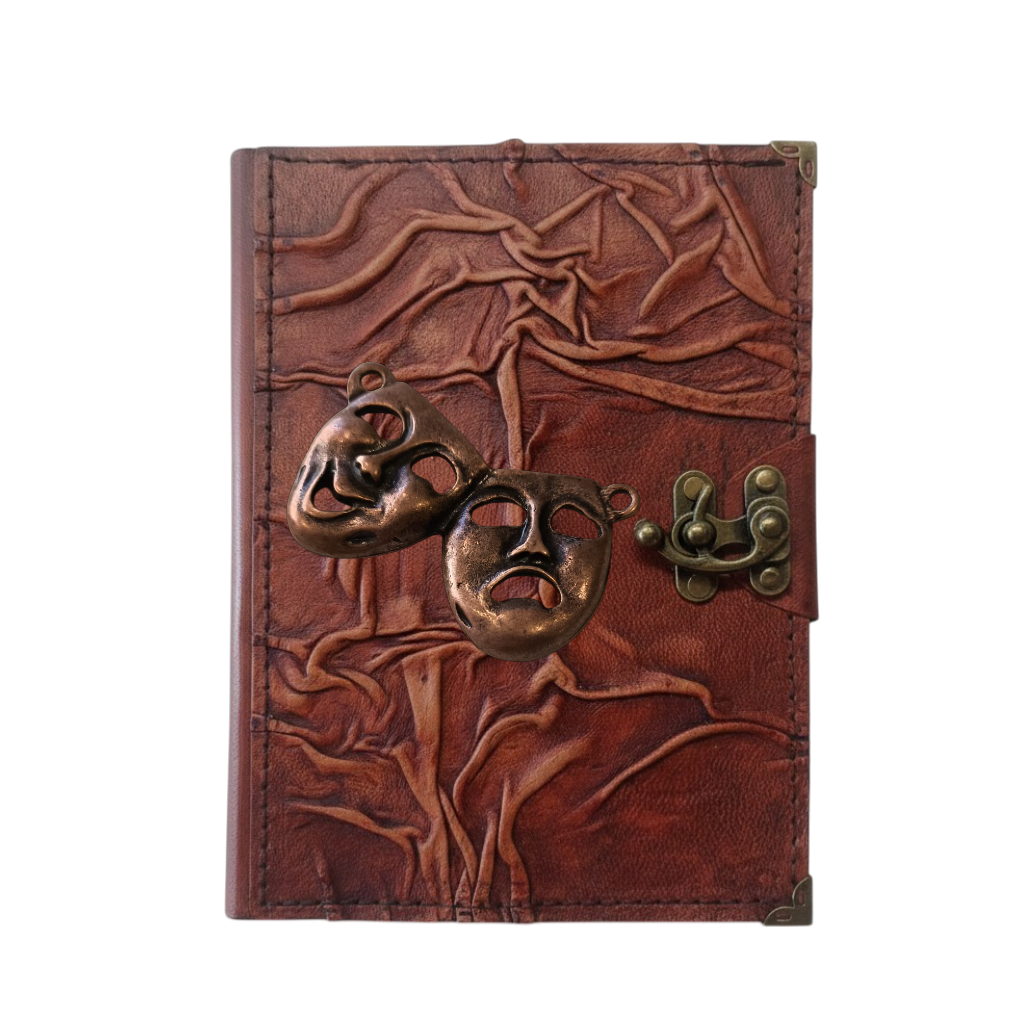 Genuine Sheepskin Leather Journal, Blank Chamois Paper | Full Wrinkled | Antique Metal Motif | Theater Masks