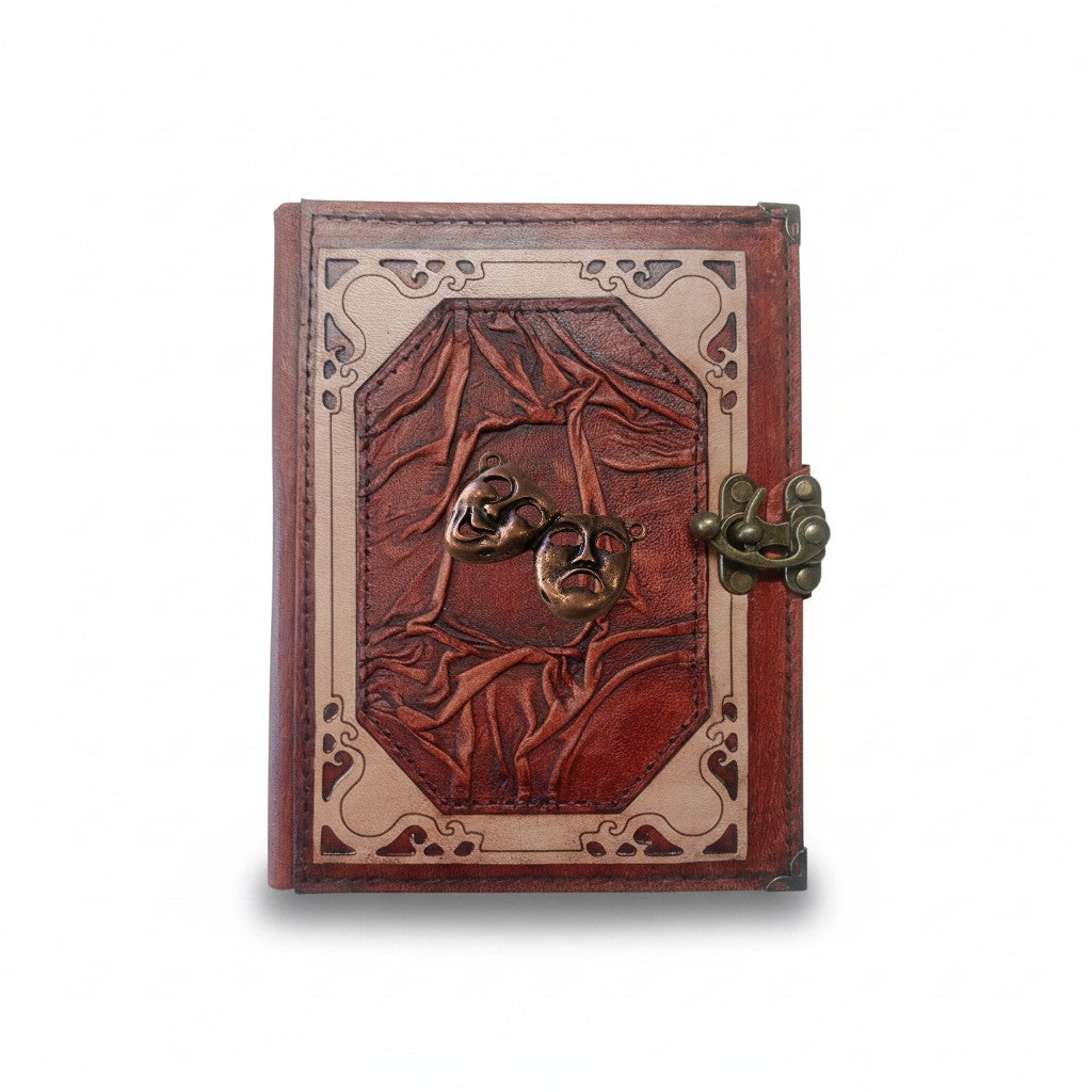 Hakiki Koyun Derisi Şamua Kağıt Defter | Klasik Çerçeve Kıvrıklı | Antik Metal Döküm | Tiyatro Maskeleri