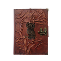 Genuine Sheepskin Leather Journal, Blank Chamois Paper | Full Wrinkled | Antique Metal Motif | Perched Owl