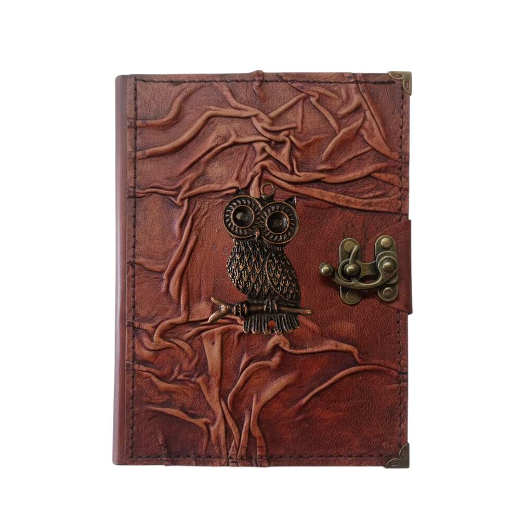 Genuine Sheepskin Leather Journal, Blank Chamois Paper | Full Wrinkled | Antique Metal Motif | Perched Owl