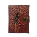 Genuine Sheepskin Leather Journal, Blank Chamois Paper | Full Wrinkled | Antique Metal Motif | Side Profile Owl