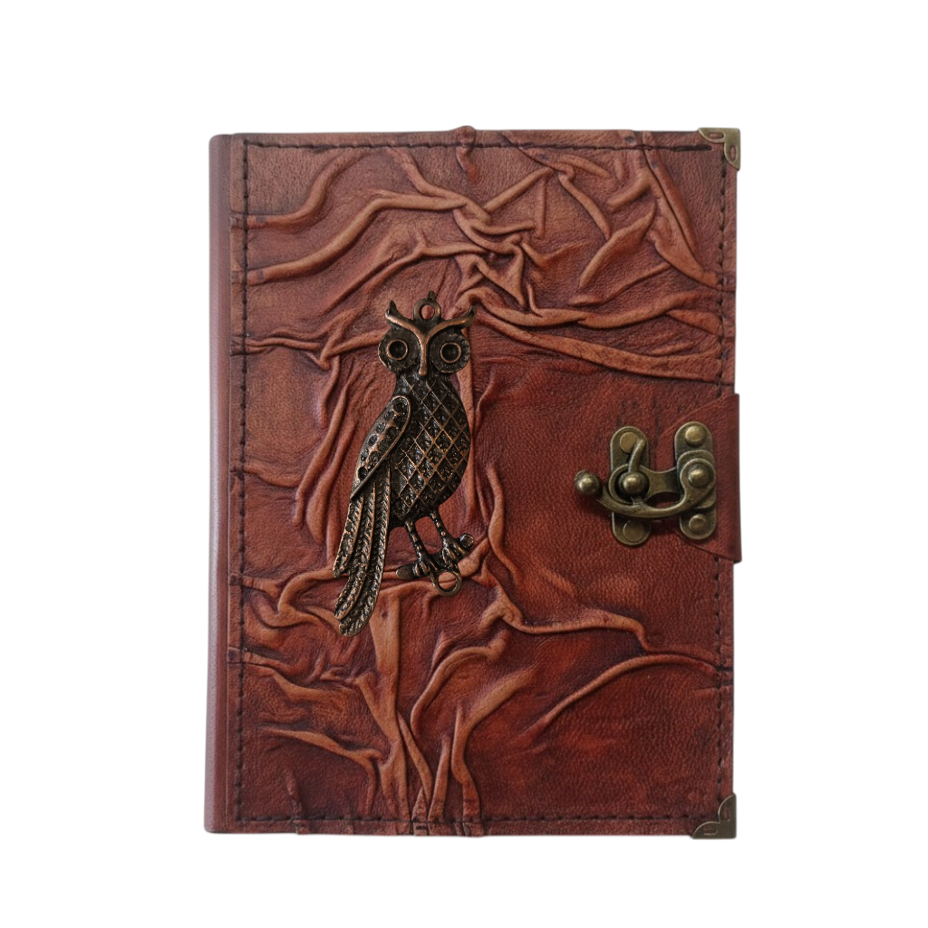 Genuine Sheepskin Leather Journal, Blank Chamois Paper | Full Wrinkled | Antique Metal Motif | Side Profile Owl
