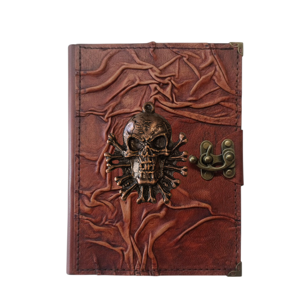 Genuine Sheepskin Leather Journal, Blank Chamois Paper | Full Wrinkled | Antique Metal Motif | Jolly Roger Skull