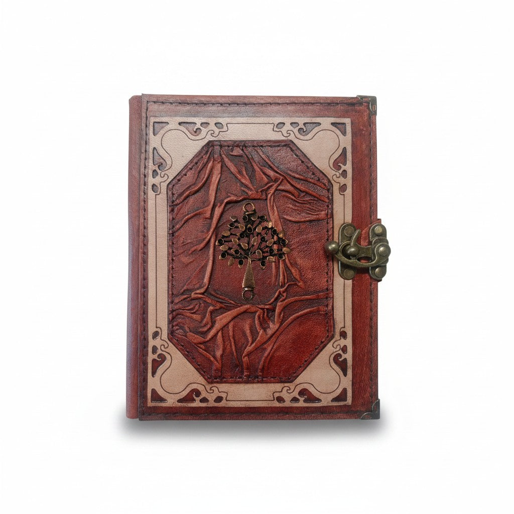Hakiki Koyun Derisi Şamua Kağıt Defter | Klasik Çerçeve Kıvrıklı | Antik Metal Döküm | Lale Yapraklı Hayat Ağacı