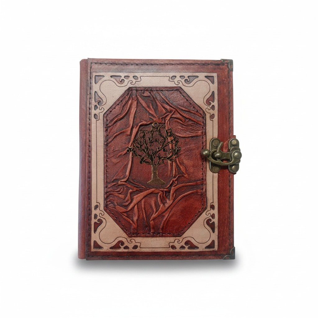 Hakiki Koyun Derisi Şamua Kağıt Defter | Klasik Çerçeve Kıvrıklı | Antik Metal Döküm | Halkalı Hayat Ağacı