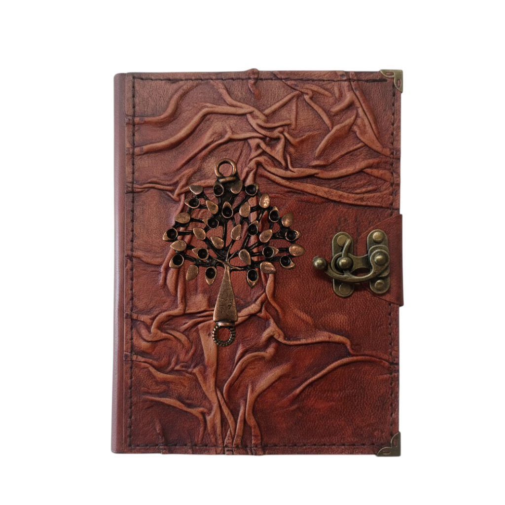 Genuine Sheepskin Leather Journal, Blank Chamois Paper | Full Wrinkled | Antique Metal Motif | Floral Tree of Life