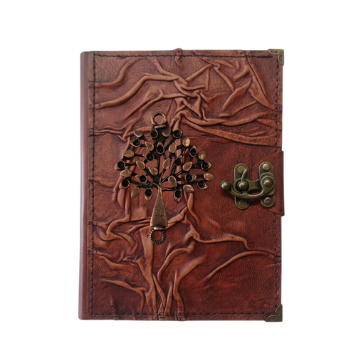 Genuine Sheepskin Leather Journal, Blank Chamois Paper | Full Wrinkled | Antique Metal Motif | Floral Tree of Life