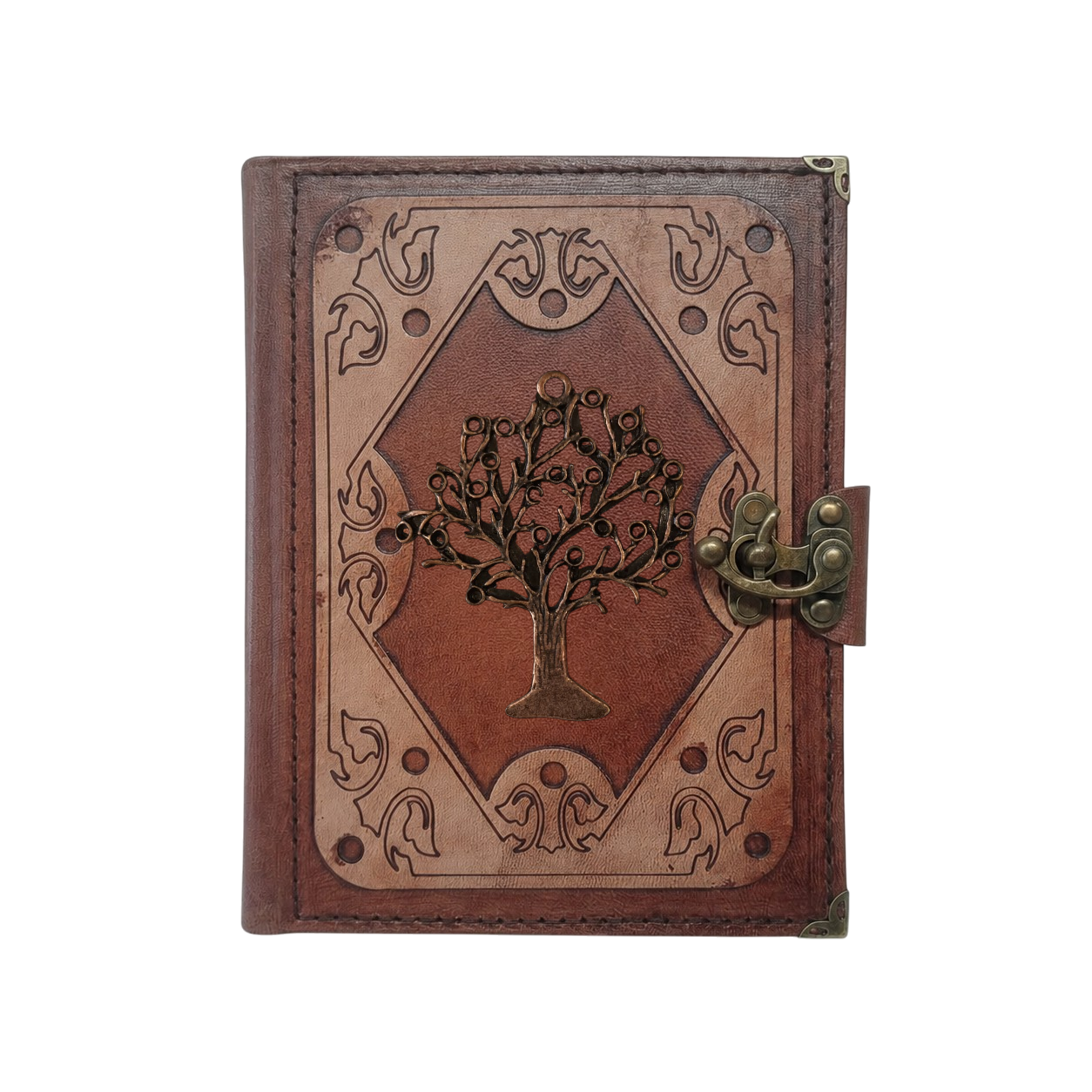 Hakiki Koyun Derisi Şamua Kağıt Defter | Katmanlı Çerçeve | Antik Metal Döküm | Halkalı Hayat Ağacı