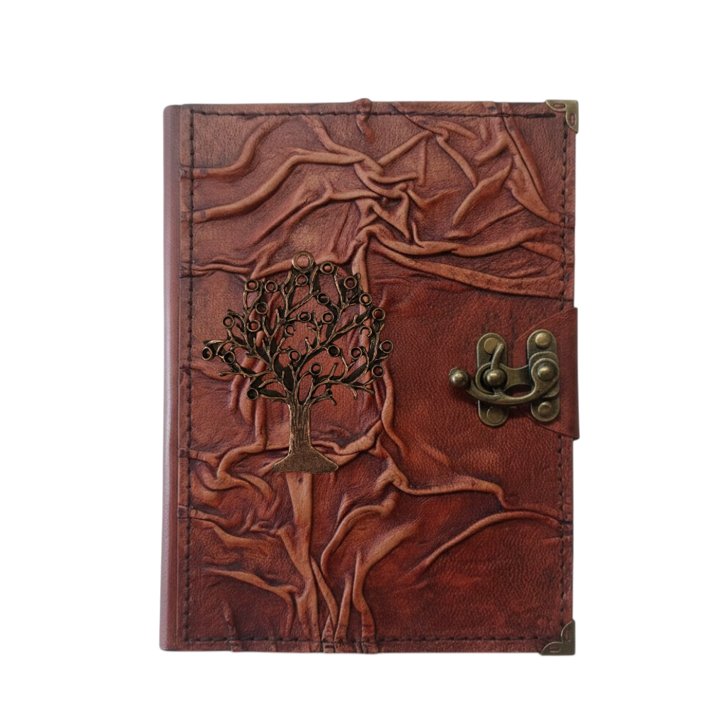 Genuine Sheepskin Leather Journal, Blank Chamois Paper | Full Wrinkled | Antique Metal Motif | Abstract Tree of Life